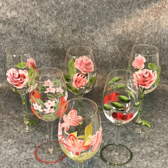 Wine Glasses Hand Blown Hand Painted Set of 6 - Picture 5 of 7